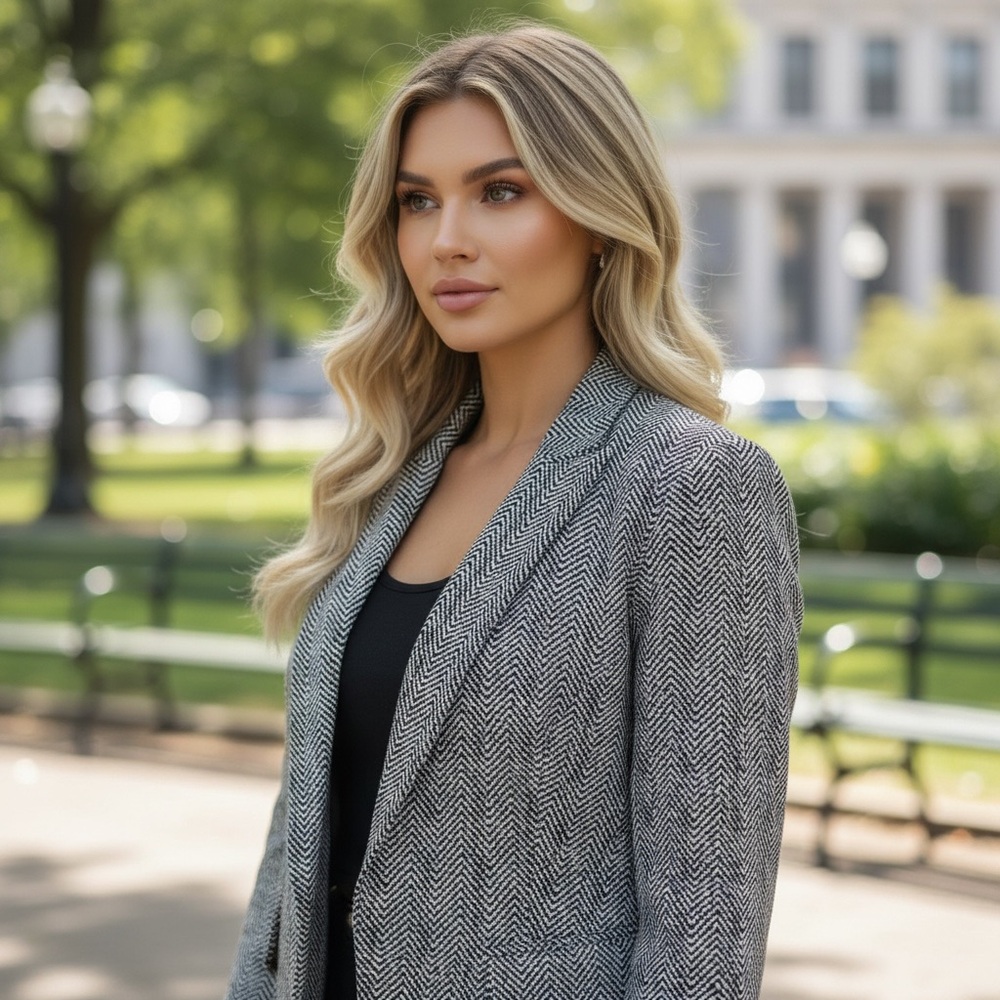 White House Black Market The Relaxed Blazer Herringbone Ecru Black Size 2